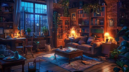 Step into a haven of comfort and style on a cozy summer evening, where the soft glow of twilight bathes the room in warmth, the aroma of freshly brewed coffee tantalizes your senses,   - obrazy, fototapety, plakaty