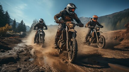 A motorbike racer jumps daringly in a forest race, blending the thrill of motocross with the beauty of mountain biking - obrazy, fototapety, plakaty