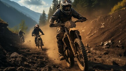 A motorbike racer jumps daringly in a forest race, blending the thrill of motocross with the beauty of mountain biking - obrazy, fototapety, plakaty