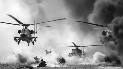 Black and white image of military helicopters flying low with soldiers and explosions on the ground.
 - obrazy, fototapety, plakaty