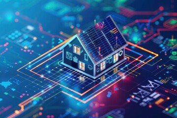 3d illustration of a house on the background of an electronic circuit.