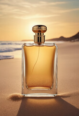 plain perfume bottle on sand in the beach for perfume mockup with beach concept
