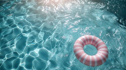 A pink and white striped inflatable ring floats on the tranquil turquoise waters of a pool,...