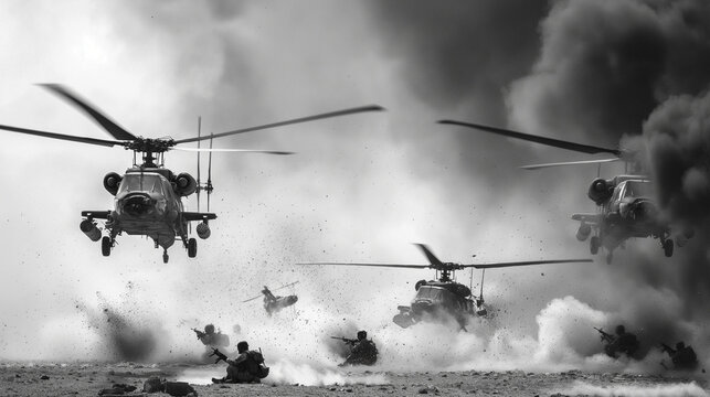 Black and white image of military helicopters flying low with soldiers and explosions on the ground.
