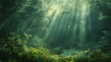Obraz premium Enchanting forests with rays of sunlight, fairytale vibes
