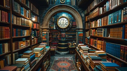 Clock tower library, books in time, historical and future learning