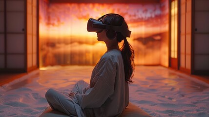 a woman wearing a virtual reality headset