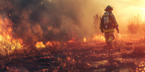 Fototapeta premium A firefighter walks through intense flames and embers during a wildfire. 