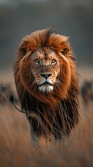 Obraz premium A lion is walking through a field of tall grass. Generative AI.