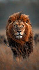 A lion is walking through a field of tall grass. Generative AI.