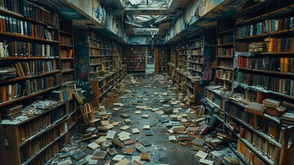 Post-apocalyptic library, books salvaged for survival knowledge