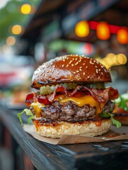 A close up of a hamburger with bacon, cheese and lettuce. Generative AI.