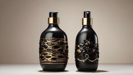 two gold-accented black cosmetic bottles against a light background