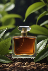 a bottle of perfume with tea leaf concept, full fill with brow or tea aromatic perfume for mockup design