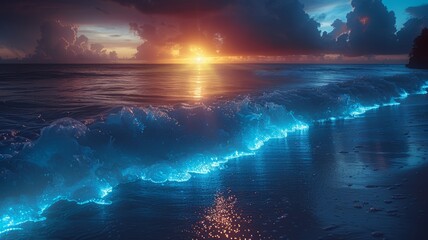 Glowing waves on a tropical night beach, bioluminescent marine plankton