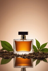 a bottle of perfume with tea leaf concept, full fill with brow or tea aromatic perfume for mockup design