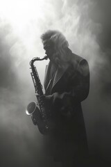 A man playing a saxophone in the foggy air. Generative AI. - obrazy, fototapety, plakaty