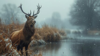 wildlife conservation in a digital nature reserve, a deer standing in a field next to a body of water - Powered by Adobe