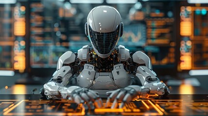 a robot sitting at a desk in front of a monitor