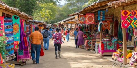 A group of people walking down a street with colorful shops. Generative AI.