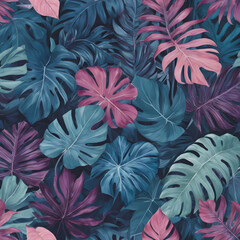 aesthetic blue pink purple monstera leaf for background,  wallpaper