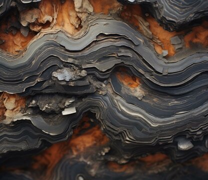 A close up of a rock formation with orange and black stripes. Generative AI.