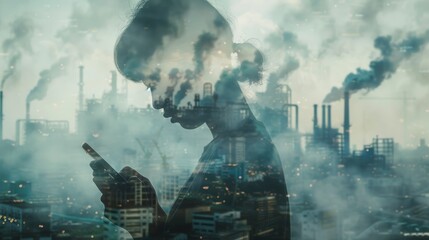 In this double exposure photograph, visualize an Thai person looking sideways while holding a smartphone, overlaid with an industrial cityscape. The backdrop features a factory emitting dust - obrazy, fototapety, plakaty