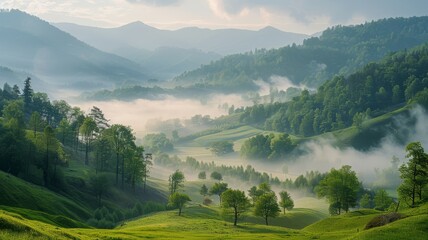 Fototapeta premium Serene Easter morning in a misty mountain valley
