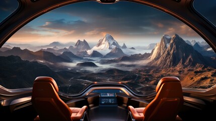 A view of a cockpit with two seats and mountains in the background. Generative AI. - obrazy, fototapety, plakaty