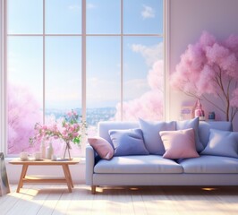 A living room with a blue couch and pink flowers. Generative AI.