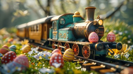 Easter eggs adorning an old-fashioned train through the countryside