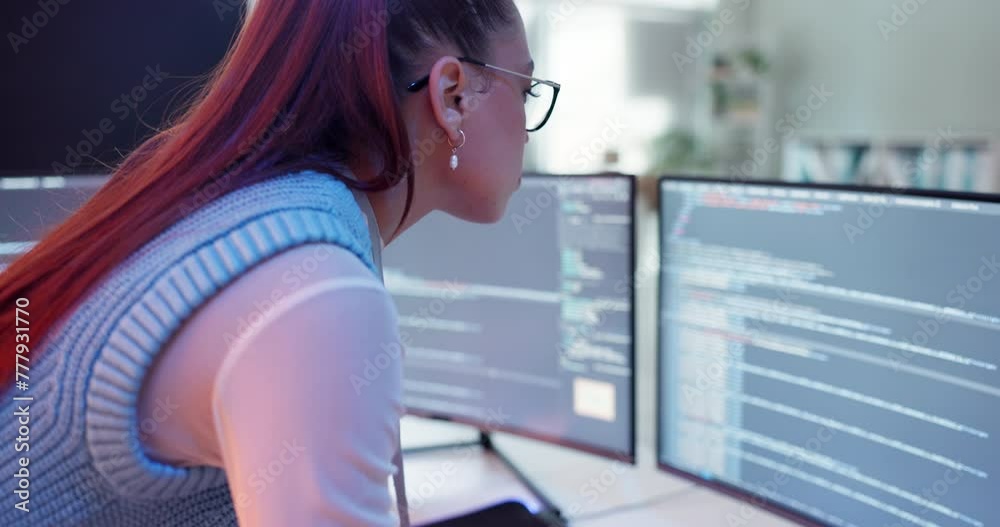 Poster Woman, computer screen and software development for programming database with cybersecurity, privacy or malware. Female person, technology and online system with coding website, research or password