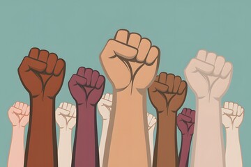 People raise fists in solidarity, symbolizing unity and strength - obrazy, fototapety, plakaty