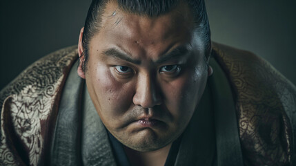 Intense close-up portrait of a sumo wrestler staring at the camera, draped in a textured robe.
