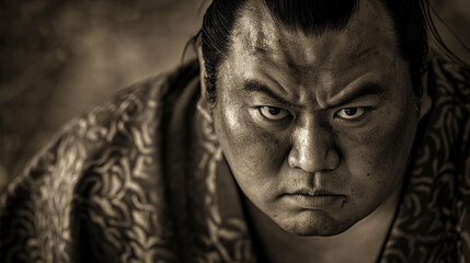 A sepia-toned portrait of a sumo wrestler with a focused and intense expression.
