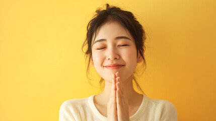 A content woman with closed eyes and hands pressed together in a gesture of gratitude against a yellow background.
