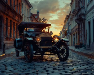 Vintage car with insurance contract aura, parked on cobblestone street, dawn's first light.