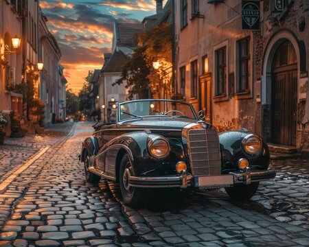 Fototapeta Vintage car with insurance contract aura, parked on cobblestone street, dawn's first light.