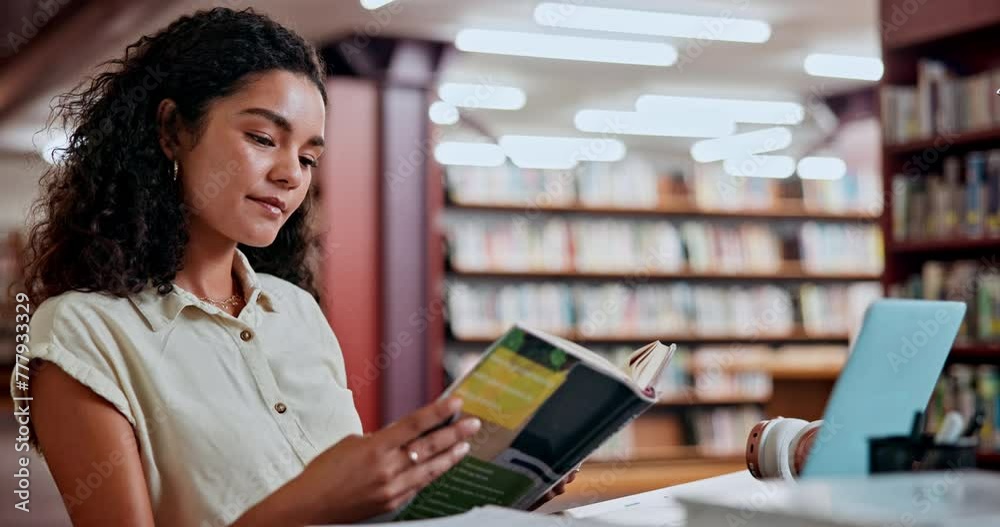 Poster woman, reading and studying in library as university student for learning education for project rese