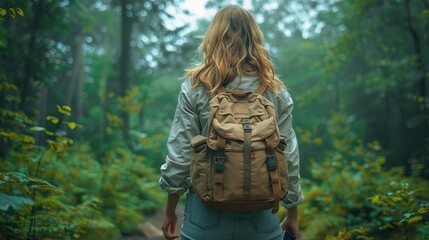 Naklejka na ściany i meble Pretty blonde woman traveler with backpack talking by phone walking in forest scenery