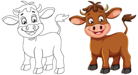 Vector art of a cow, both colored and line art.
