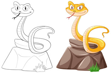 Two smiling snakes illustrated on stone surfaces.