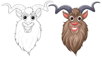 Two stylized goat faces, one colored and one line art.