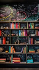 Bookshelves with chalk drawings on a blackboard. Education concept.