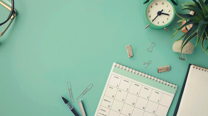 a clock calender pen on green table,time management goal set bussines trip