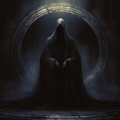 Mysterious dark scene with a man in a black cloak. - obrazy, fototapety, plakaty