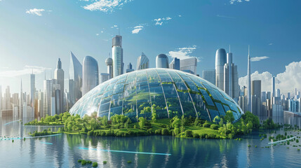 Eco-futuristic cityscape ESG concept full with greenery, skyscrapers, parks, and other manmade green spaces in urban area. Green garden in modern city - obrazy, fototapety, plakaty
