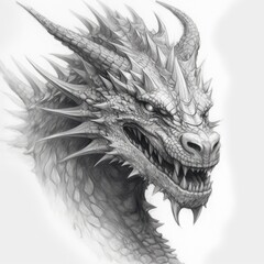 Dragon head on white background, monochrome.