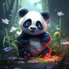 Panda sitting in the forest with flowers. 3D illustration.