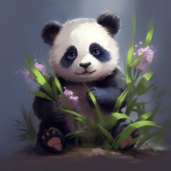 Panda sitting in grass with flowers, digital painting, illustration.
